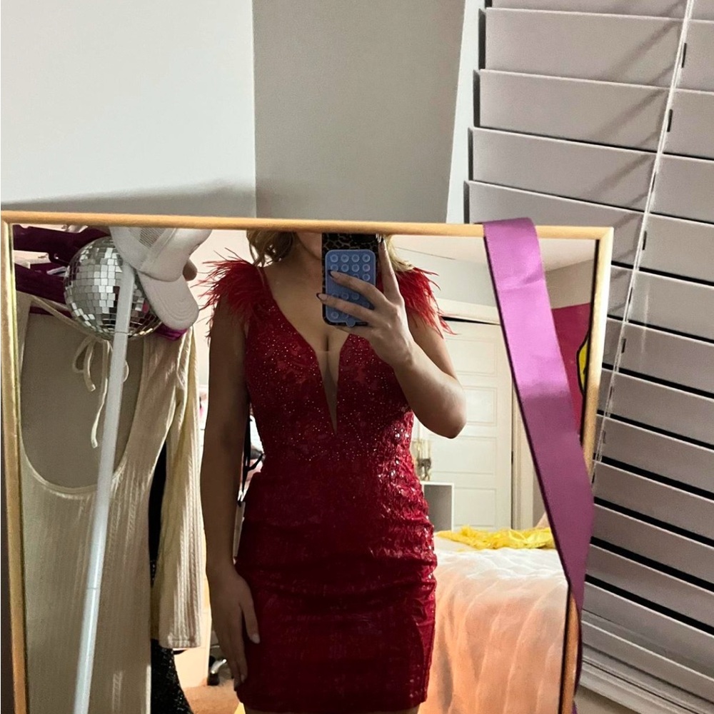 Alyce Red Beaded/Feather Homecoming Dress